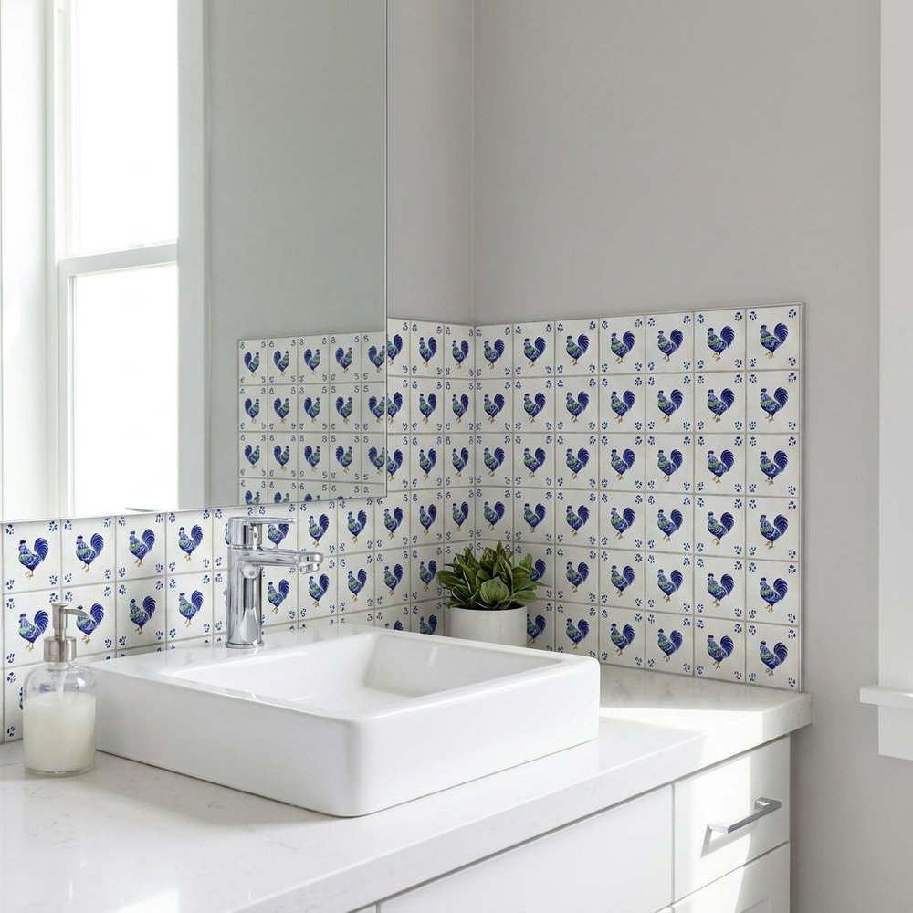 4" x 4" Blue Vinyl Arabesque Peel And Stick Removable Tiles