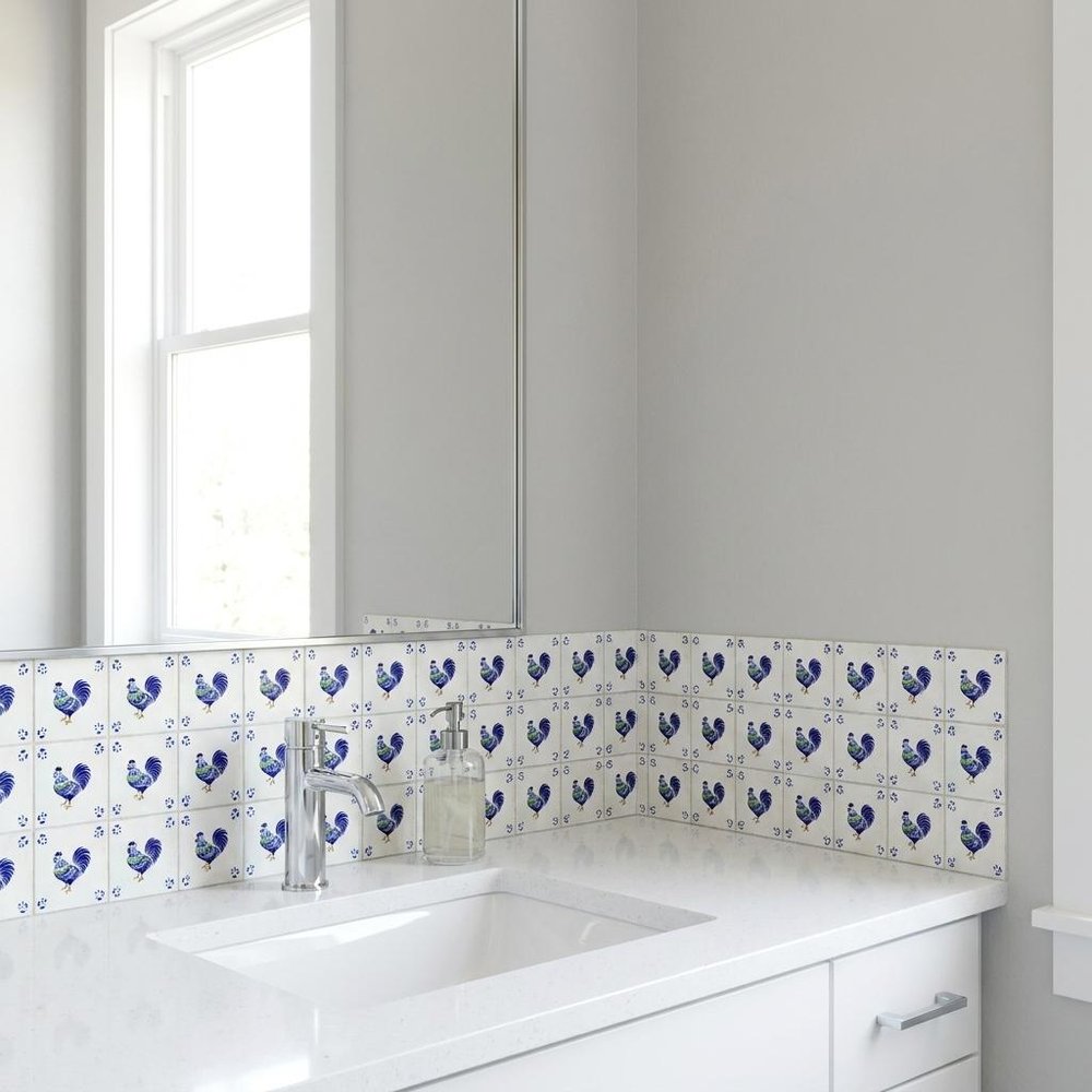 6" x 6" Blue Vinyl Arabesque Peel And Stick Removable Tiles