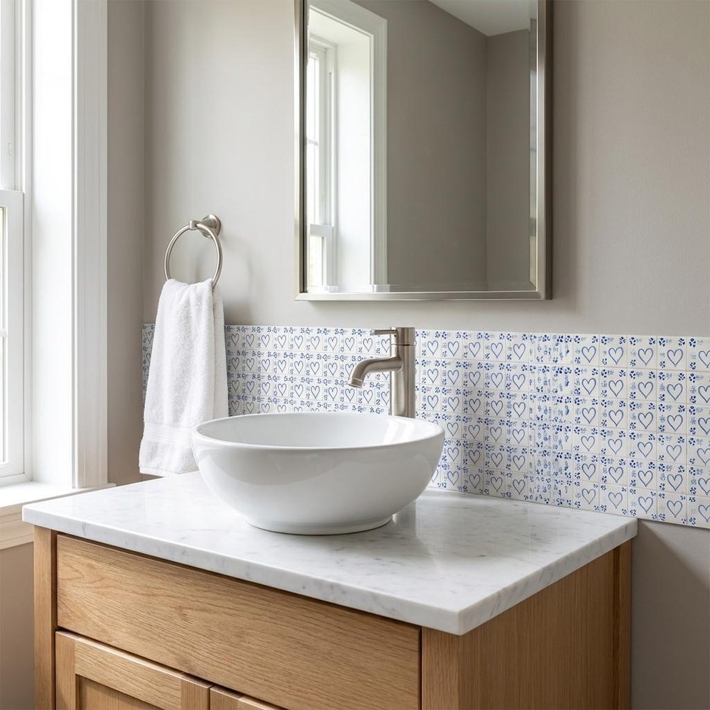8" x 8" Blue Vinyl Arabesque Peel And Stick Removable Tiles