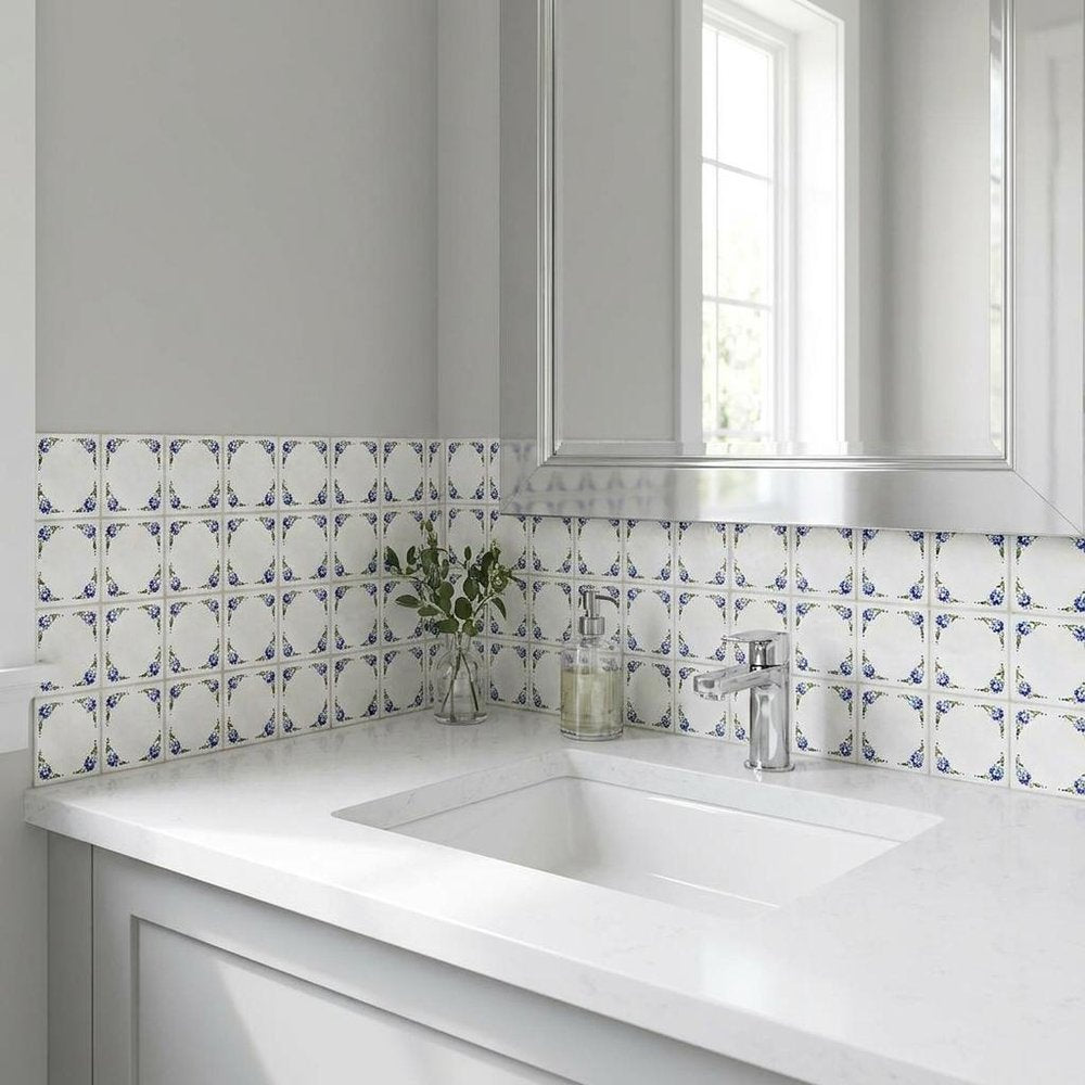 4" x 4" Blue Vinyl Arabesque Peel And Stick Removable Tiles
