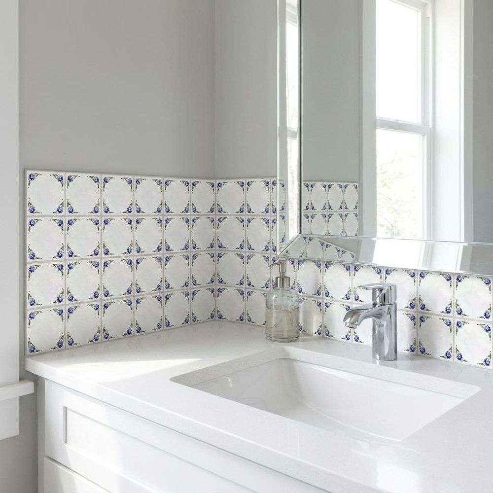 6" x 6" Blue Vinyl Arabesque Peel And Stick Removable Tiles
