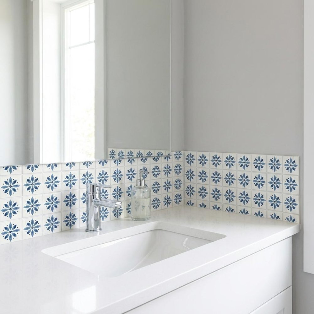 4" x 4" Blue Vinyl Arabesque Peel And Stick Removable Tiles