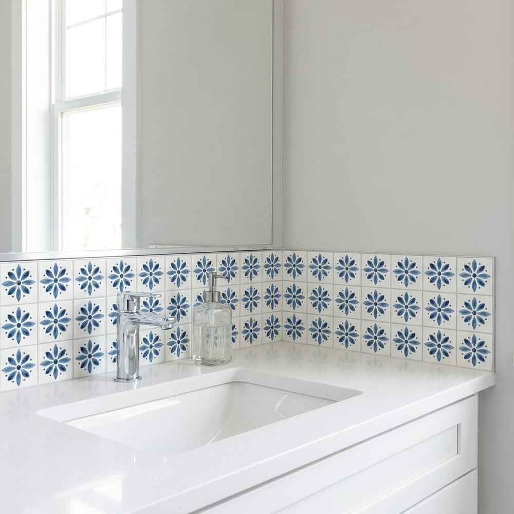 5" x 5" Blue Vinyl Arabesque Peel And Stick Removable Tiles