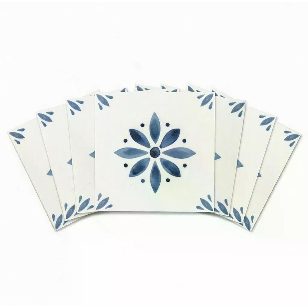 7" x 7" Blue Vinyl Arabesque Peel And Stick Removable Tiles