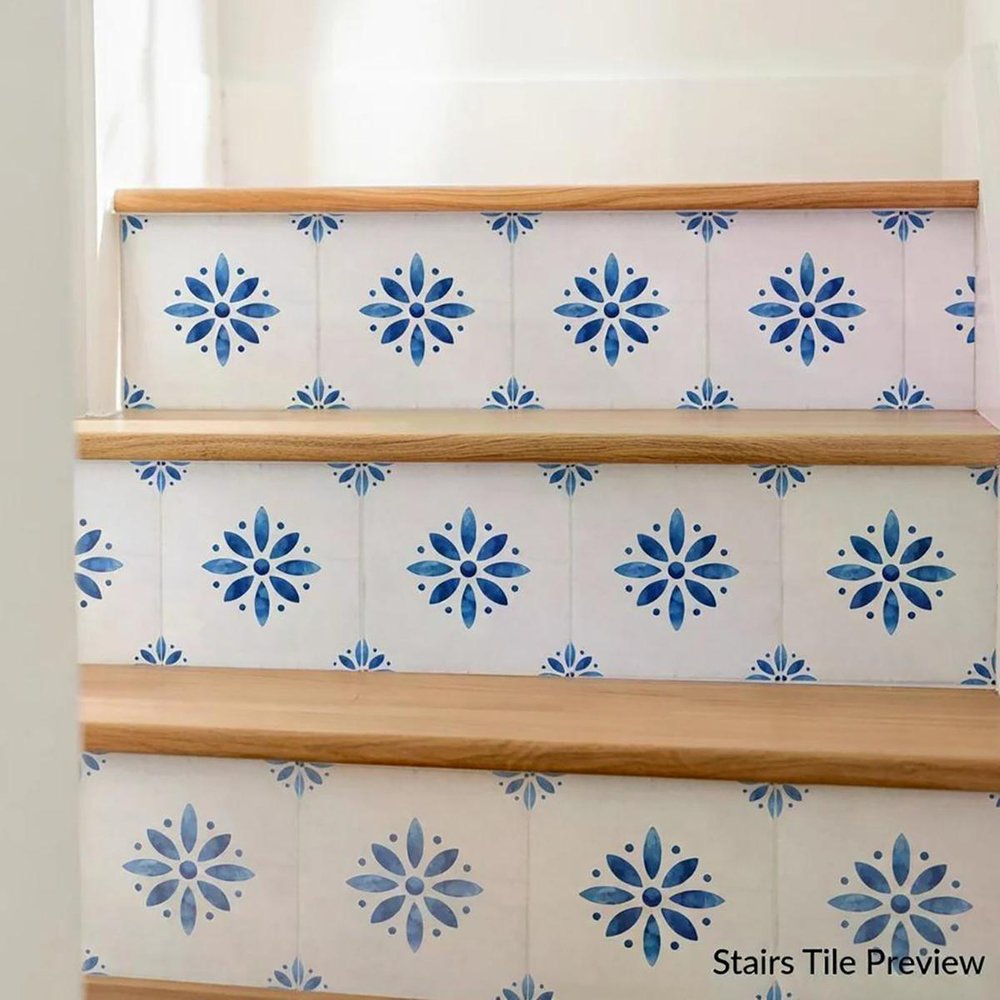 7" x 7" Blue Vinyl Arabesque Peel And Stick Removable Tiles