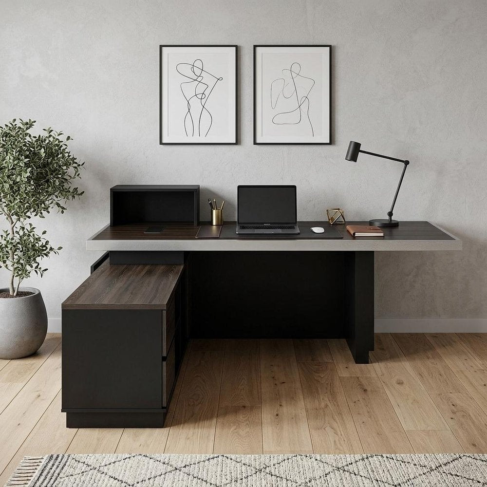 79" Black Wood Pedestal Executive Desk With And Two Drawers Built in Lighting