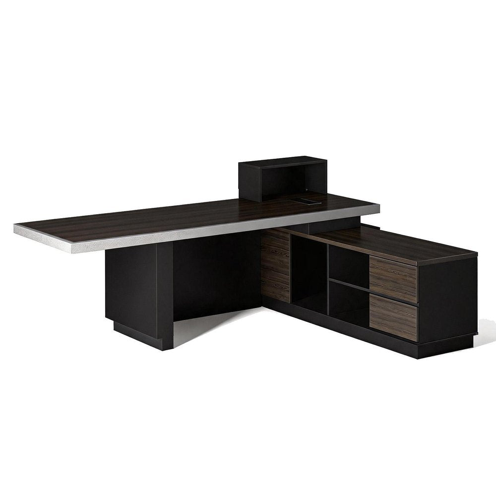 79" Black Wood Pedestal Executive Desk With And Two Drawers Built in Lighting