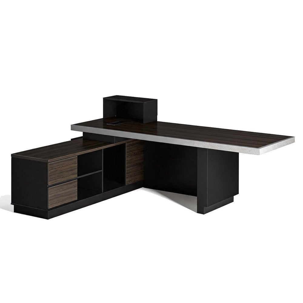 79" Black Wood Pedestal Executive Desk With And Two Drawers Built in Lighting