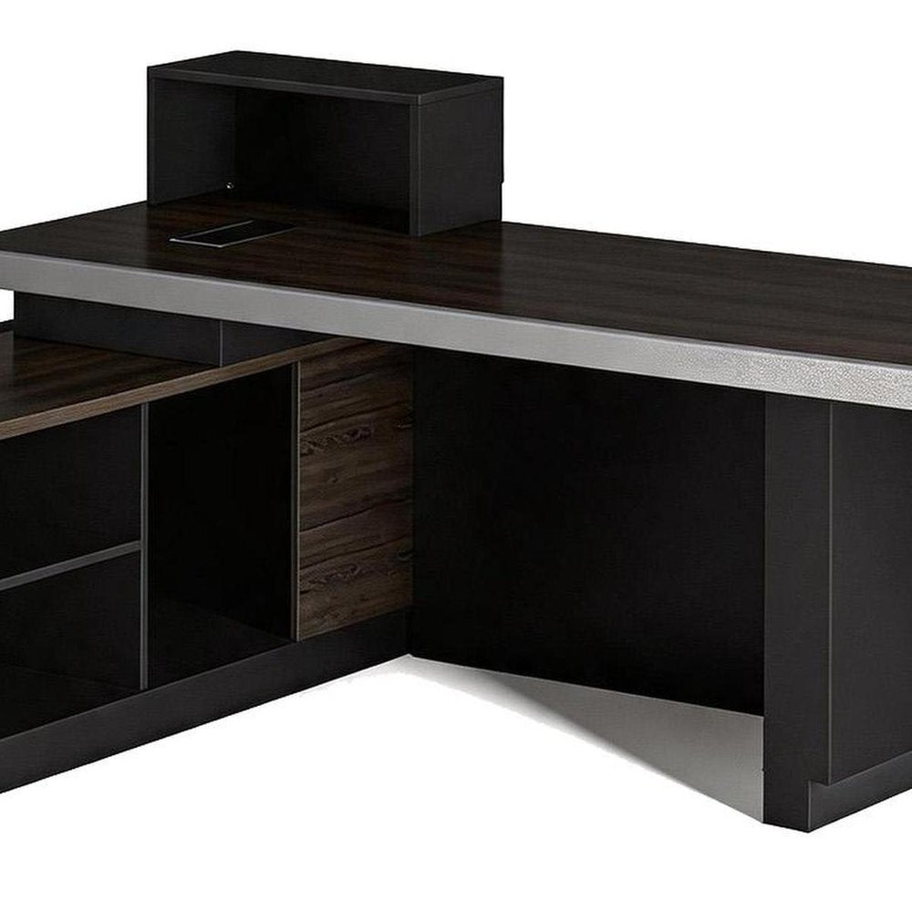 79" Black Wood Pedestal Executive Desk With And Two Drawers Built in Lighting