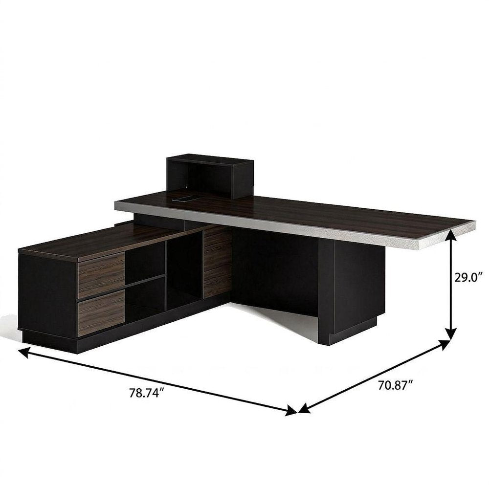 79" Black Wood Pedestal Executive Desk With And Two Drawers Built in Lighting