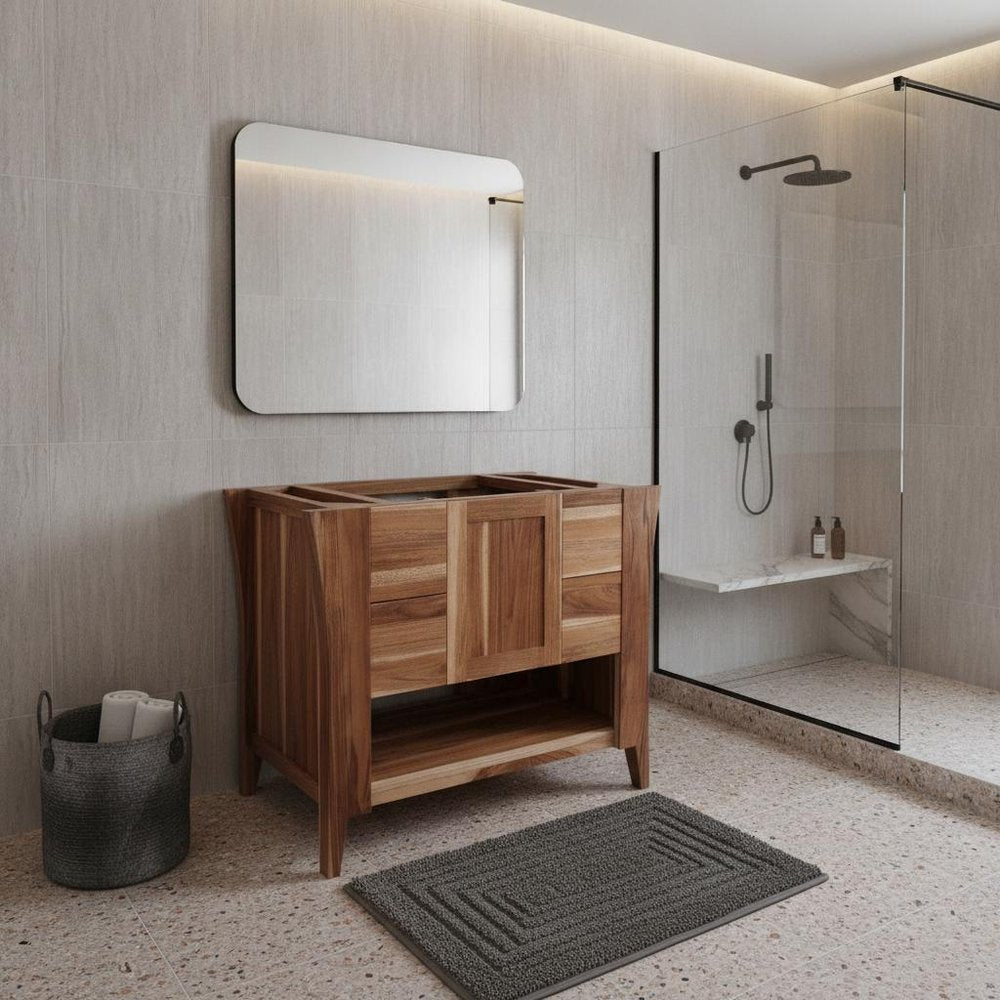 36" Light Brown Solid Wood Freestanding Single Door Bathroom Vanity And Five Drawers