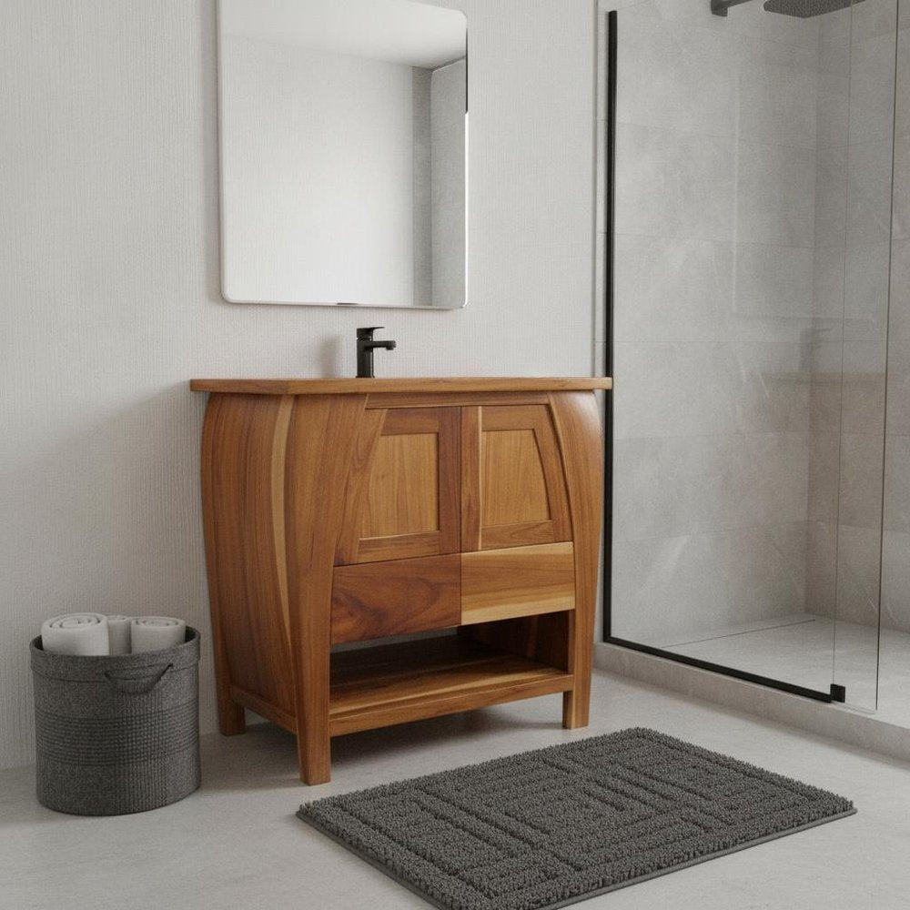 30" Light Brown Solid Wood Freestanding Double Door Bathroom Vanity