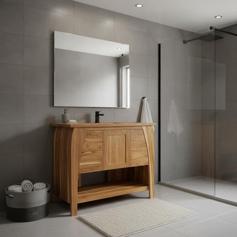 36" Light Brown Solid Wood Freestanding Single Door Bathroom Vanity And Three Drawers