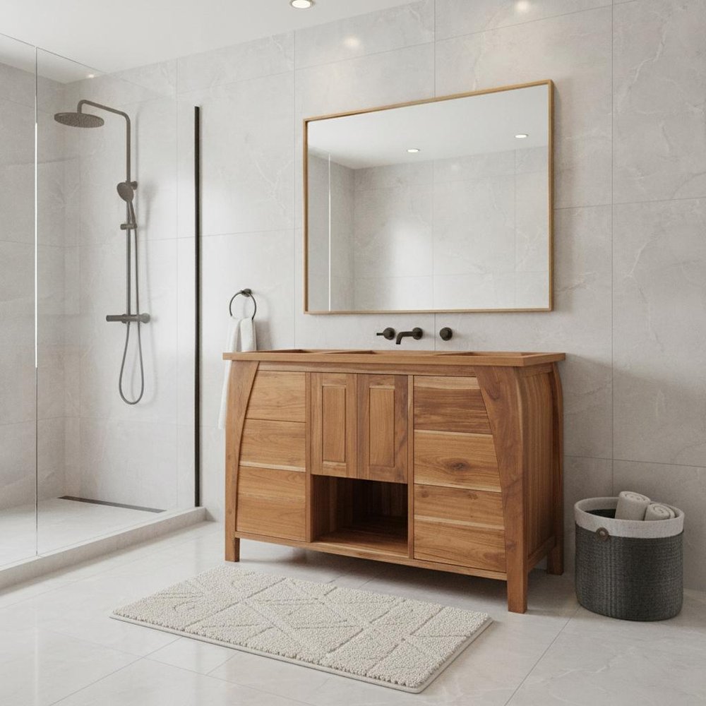 48" Light Brown Solid Wood Freestanding Double Door Bathroom Vanity And Six Drawers