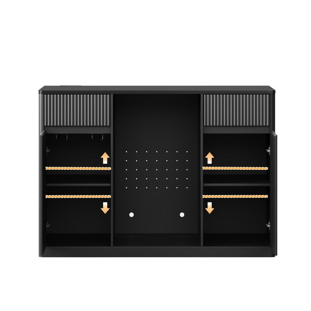 53" Black Wood Ribbed Texture Bar Cabinet With Mini Fridge Compartment With USB And Power Outlet