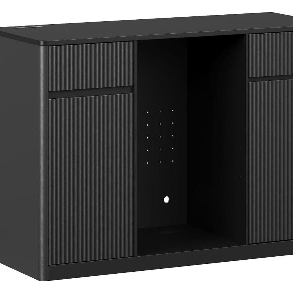 53" Black Wood Ribbed Texture Bar Cabinet With Mini Fridge Compartment With USB And Power Outlet