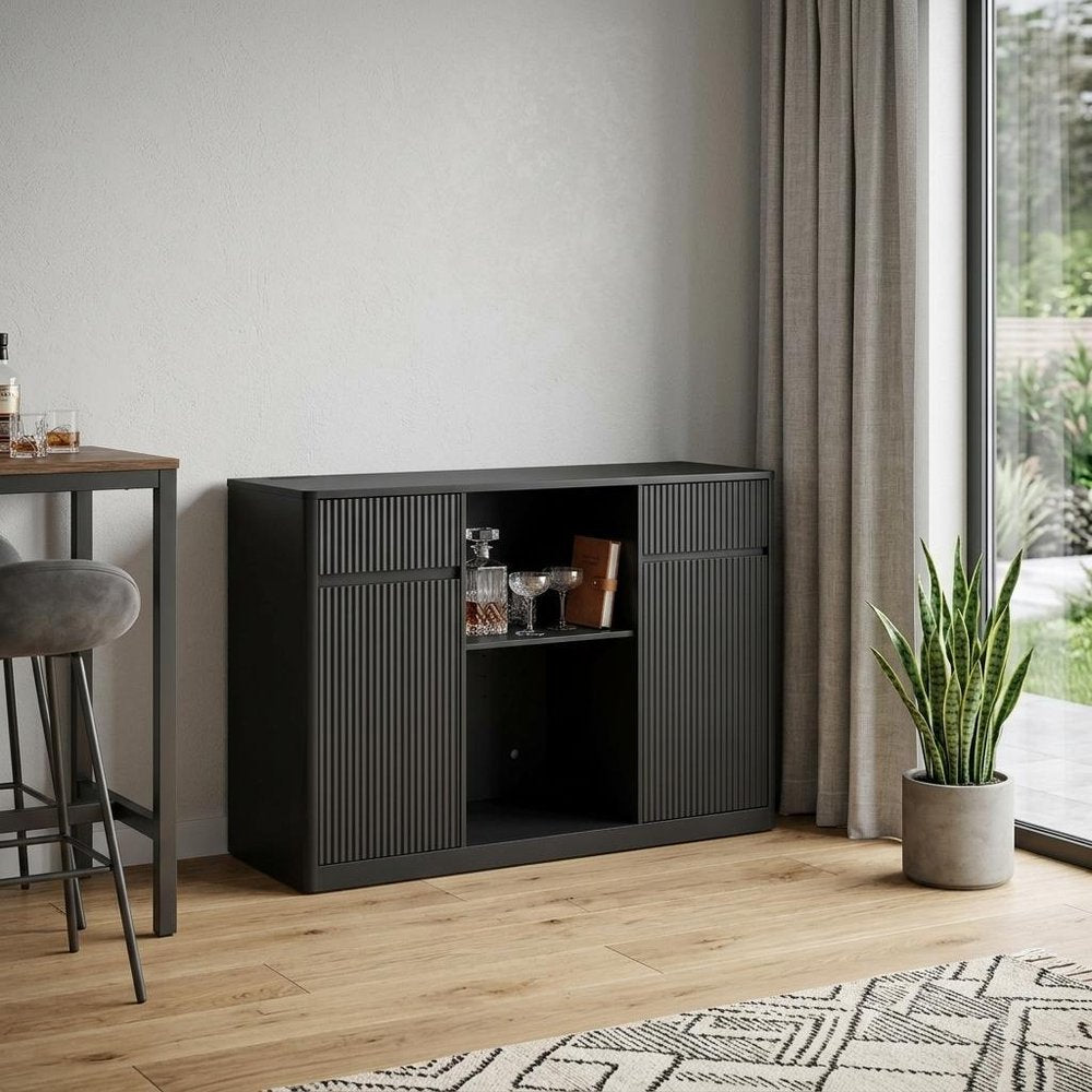 53" Black Wood Ribbed Texture Bar Cabinet With Mini Fridge Compartment With USB And Power Outlet