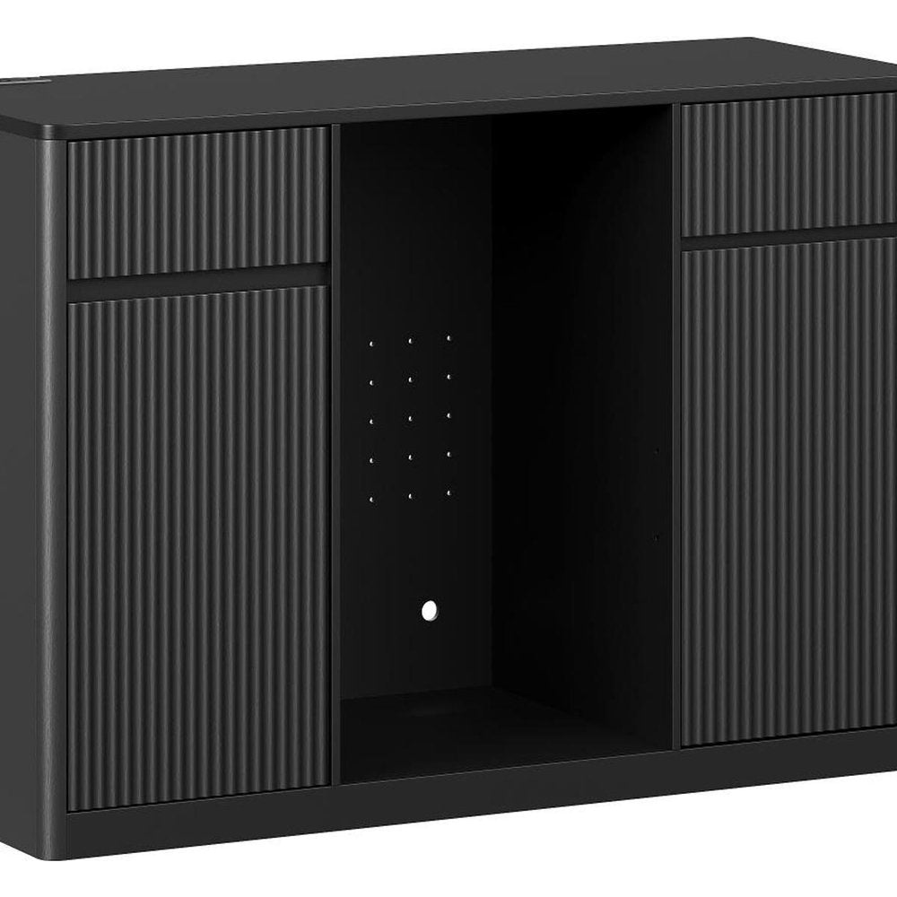 53" Black Wood Ribbed Texture Bar Cabinet With Mini Fridge Compartment With USB And Power Outlet