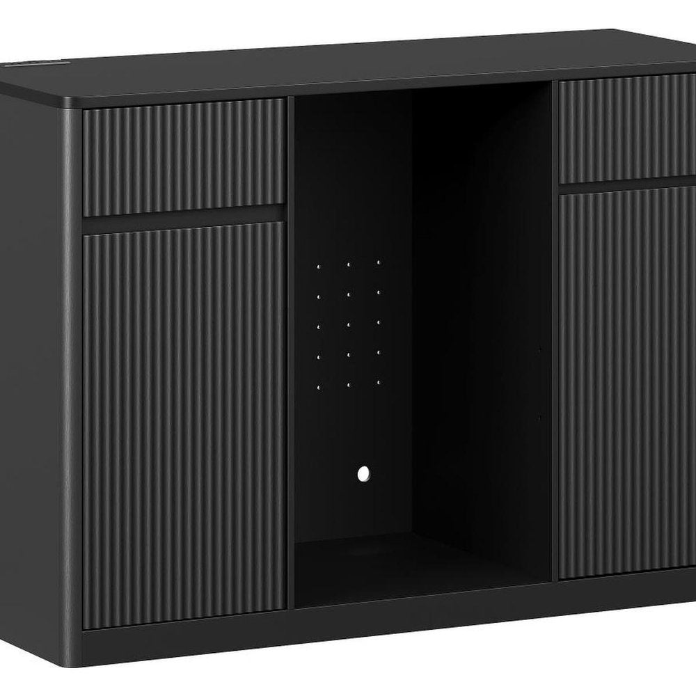 53" Black Wood Ribbed Texture Bar Cabinet With Mini Fridge Compartment With USB And Power Outlet