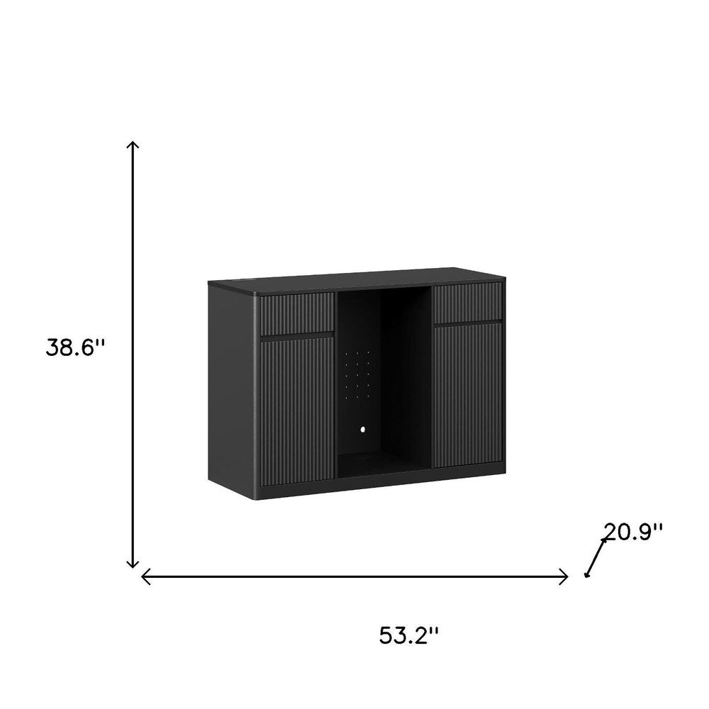 53" Black Wood Ribbed Texture Bar Cabinet With Mini Fridge Compartment With USB And Power Outlet