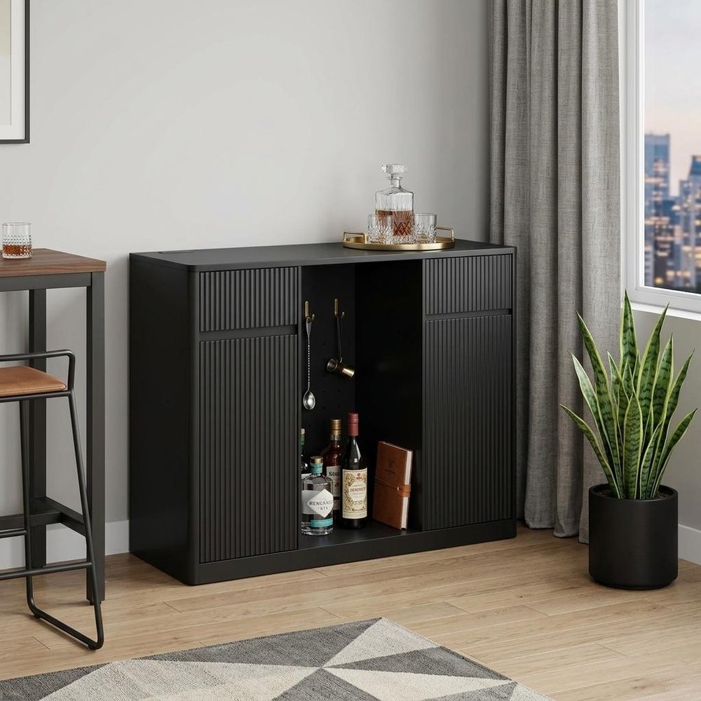 53" Black Wood Ribbed Texture Bar Cabinet With Mini Fridge Compartment With USB And Power Outlet