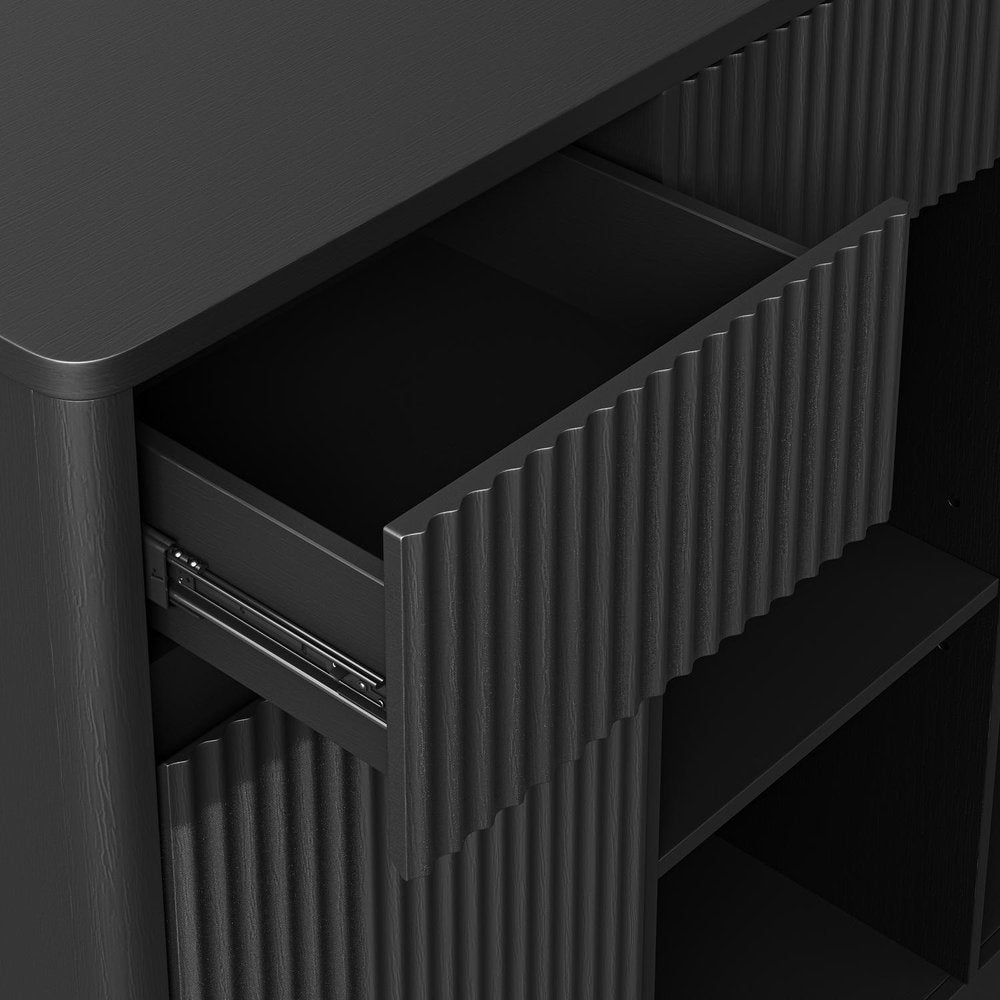 51" Black Wood Ribbed Texture Bar Cabinet With Mini Fridge Compartment With USB And Power Outlet
