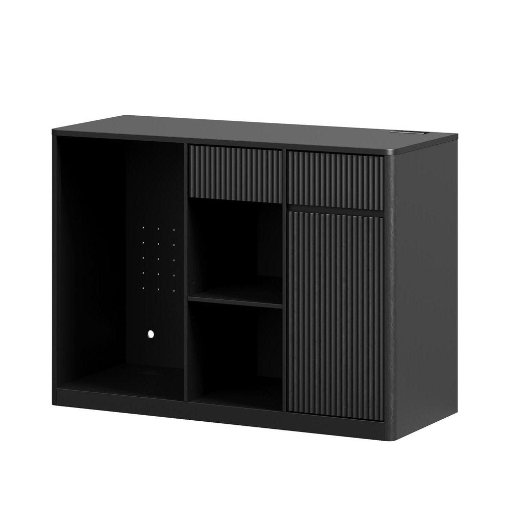 51" Black Wood Ribbed Texture Bar Cabinet With Mini Fridge Compartment With USB And Power Outlet