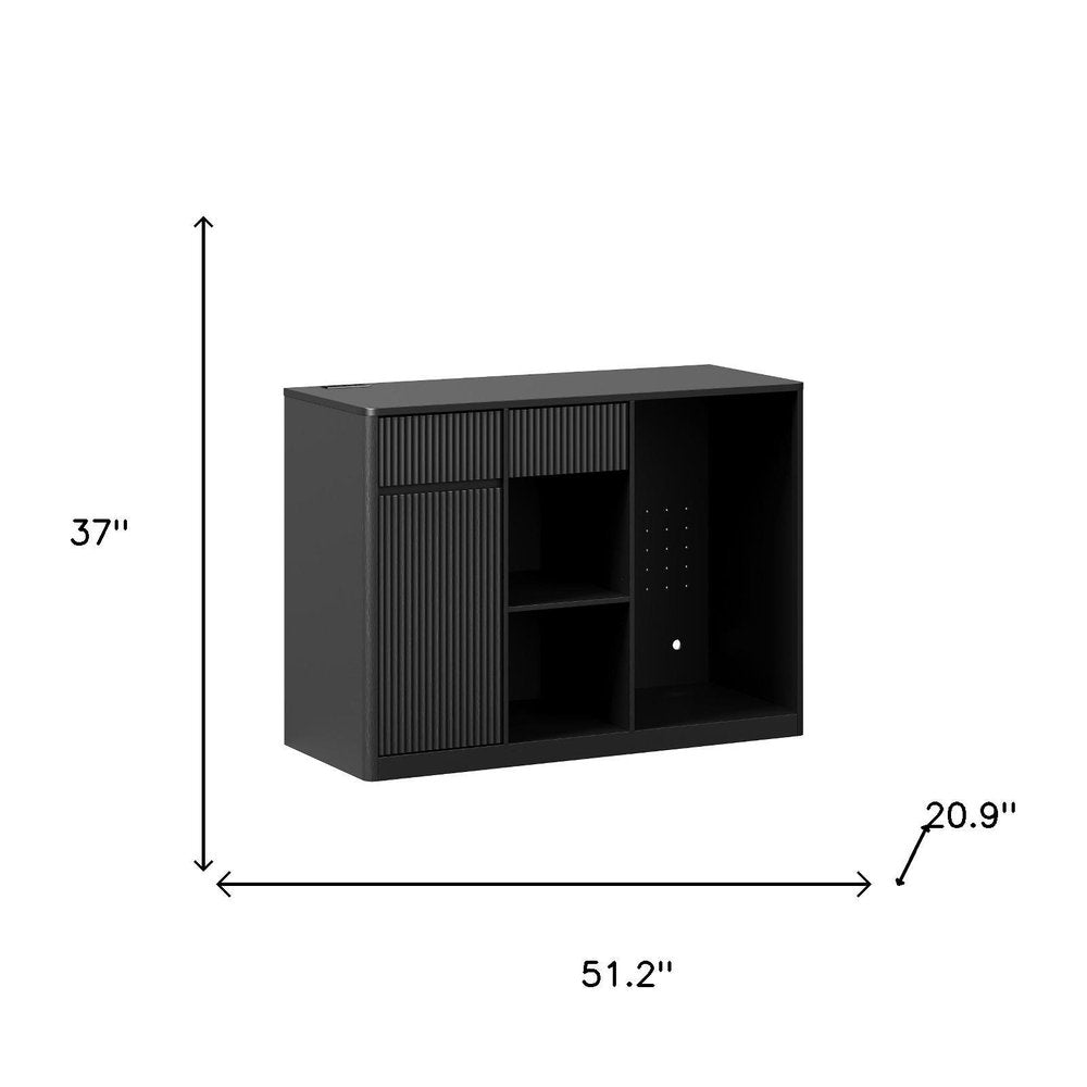 51" Black Wood Ribbed Texture Bar Cabinet With Mini Fridge Compartment With USB And Power Outlet