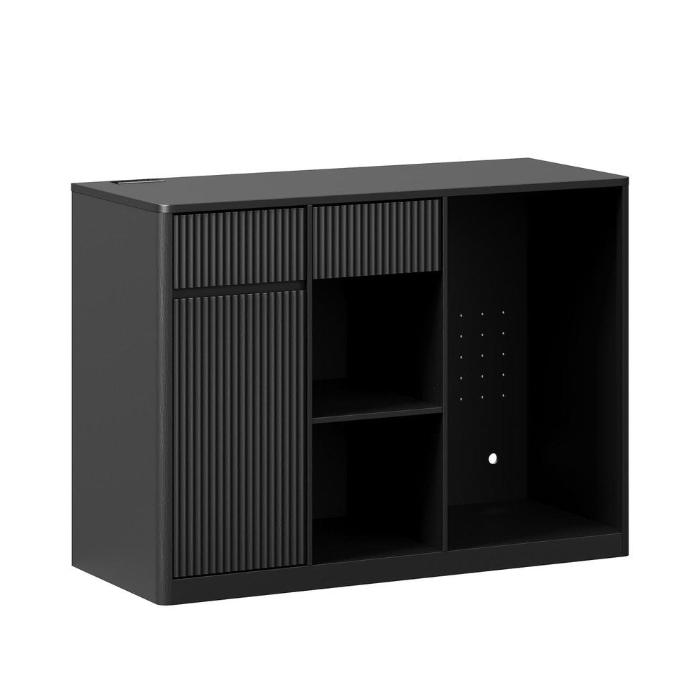 51" Black Wood Ribbed Texture Bar Cabinet With Mini Fridge Compartment With USB And Power Outlet