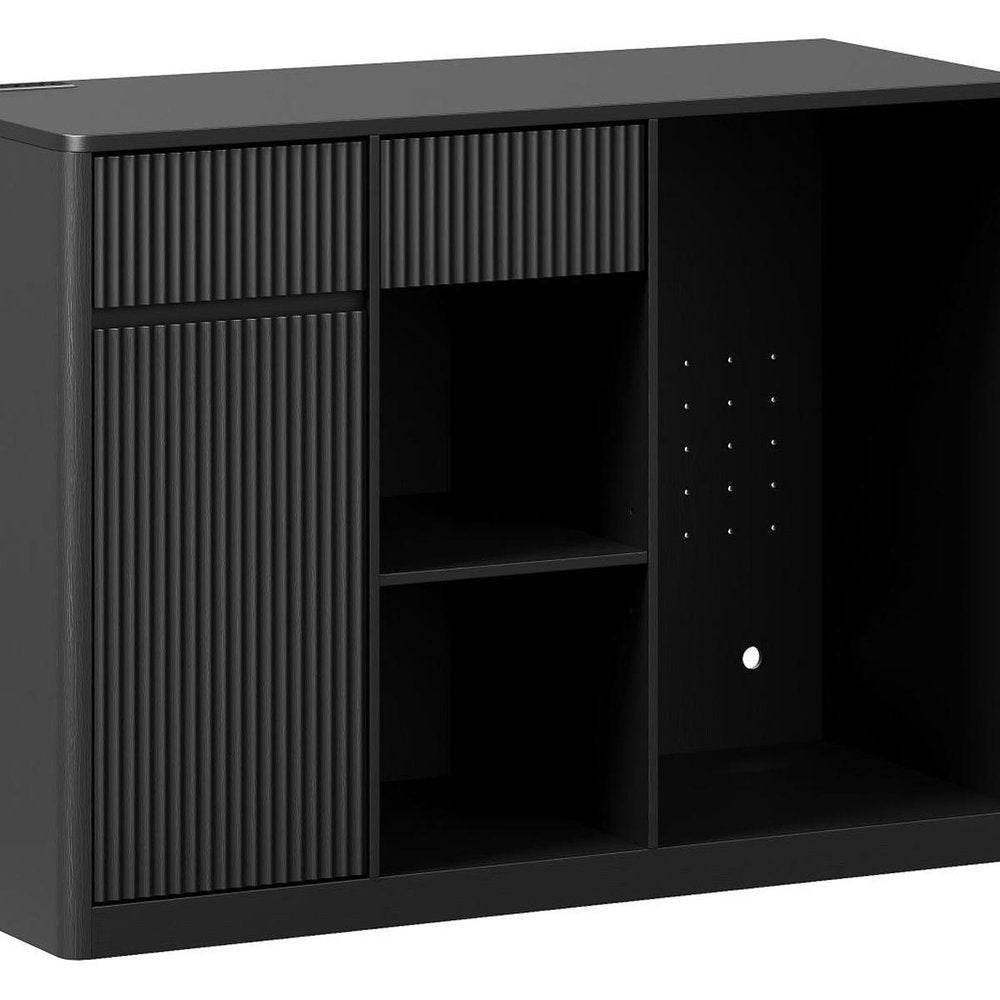 51" Black Wood Ribbed Texture Bar Cabinet With Mini Fridge Compartment With USB And Power Outlet