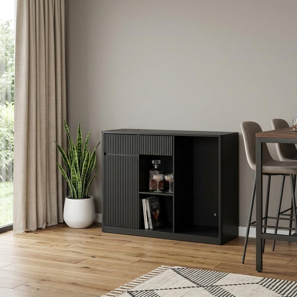 51" Black Wood Ribbed Texture Bar Cabinet With Mini Fridge Compartment With USB And Power Outlet