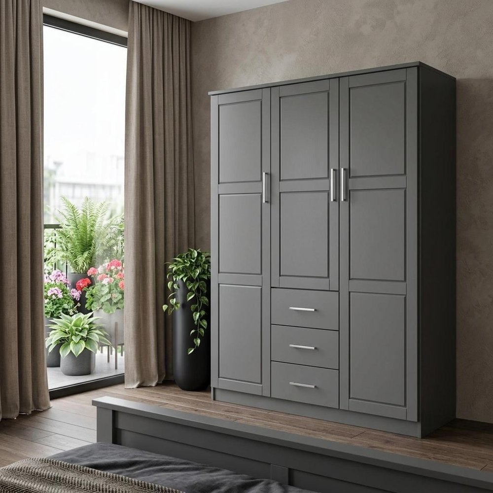 72" Gray Solid Wood Three Door Three Drawer Combo Dresser