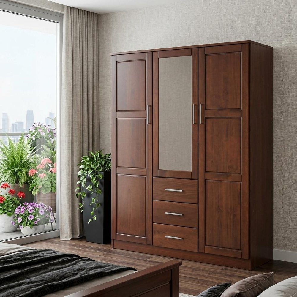 72" Coffee Solid Wood Mirrored Three Door Three Drawer Combo Dresser