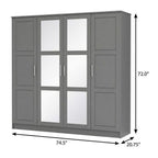 72" Gray Solid Wood Mirrored Four Door Combo Dresser