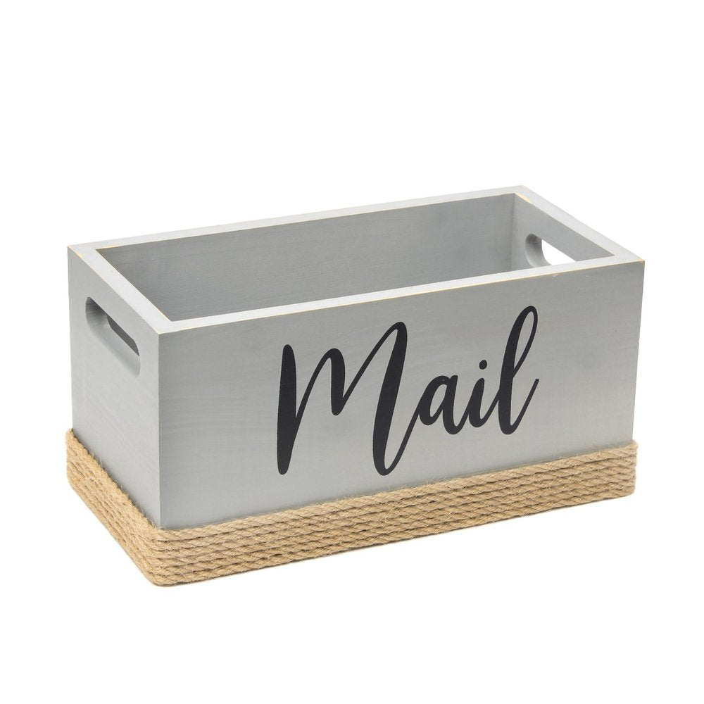 12" Antiqued White Solid Wood And Jute Mail Holder