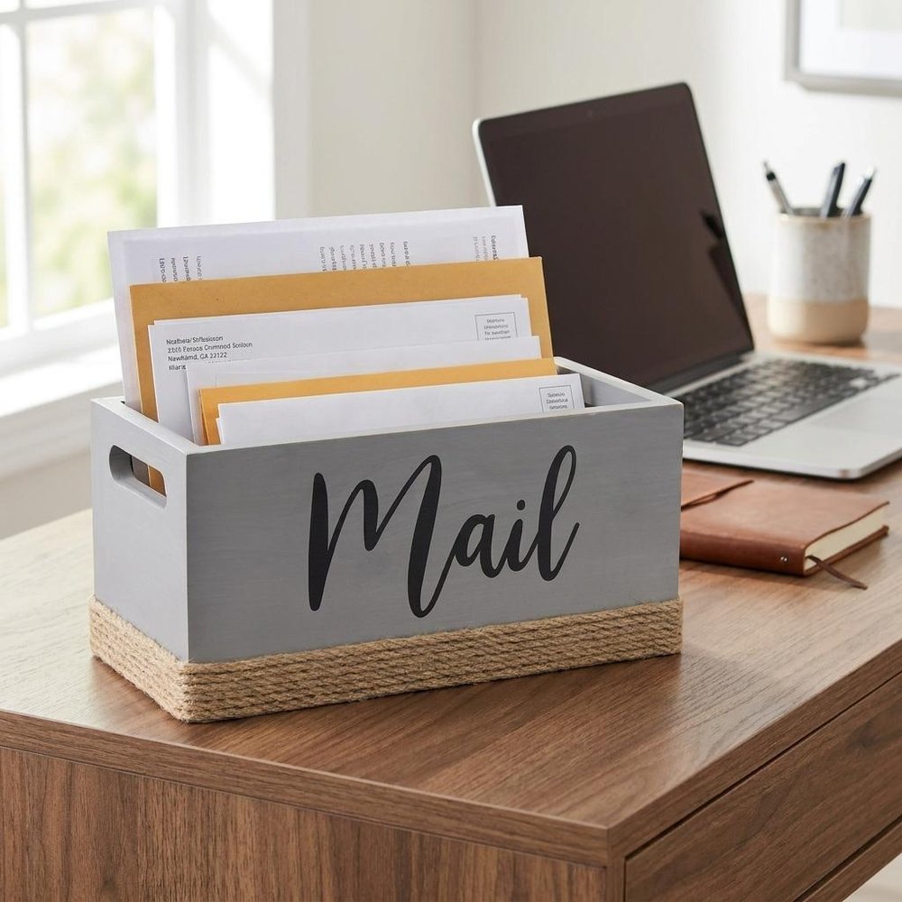 12" Antiqued White Solid Wood And Jute Mail Holder