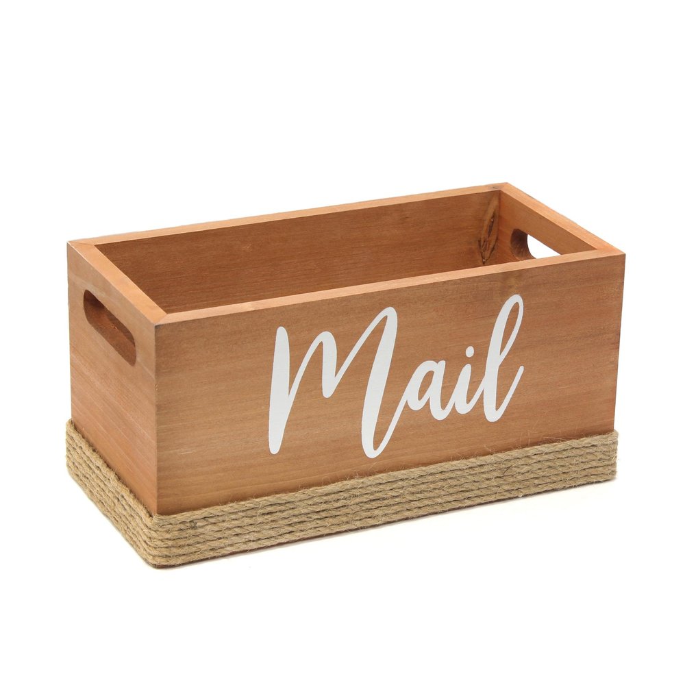 12" Antiqued White Solid Wood And Jute Mail Holder