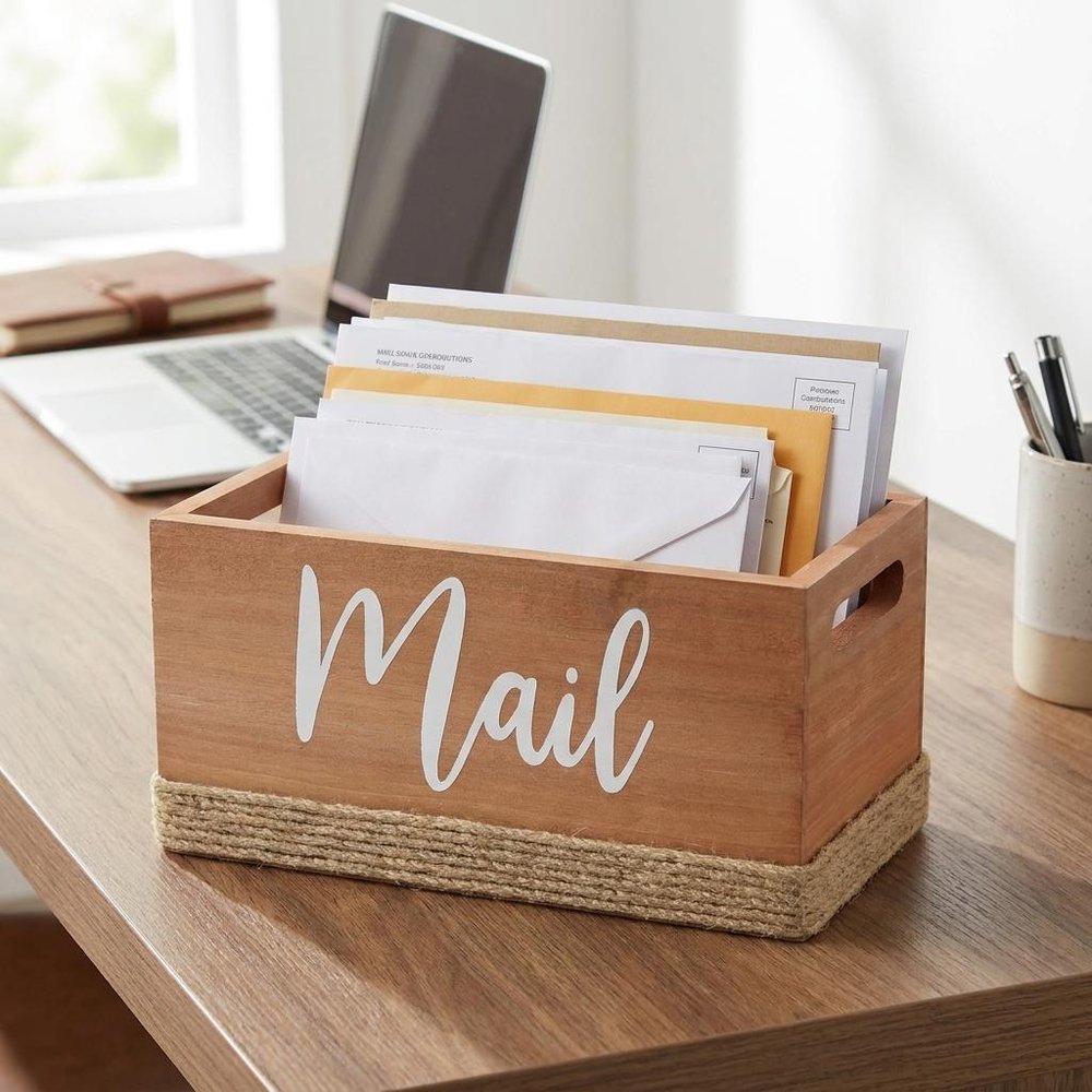 12" Antiqued White Solid Wood And Jute Mail Holder