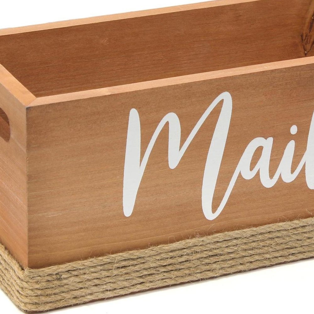 12" Antiqued White Solid Wood And Jute Mail Holder