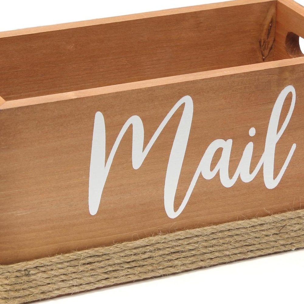 12" Antiqued White Solid Wood And Jute Mail Holder
