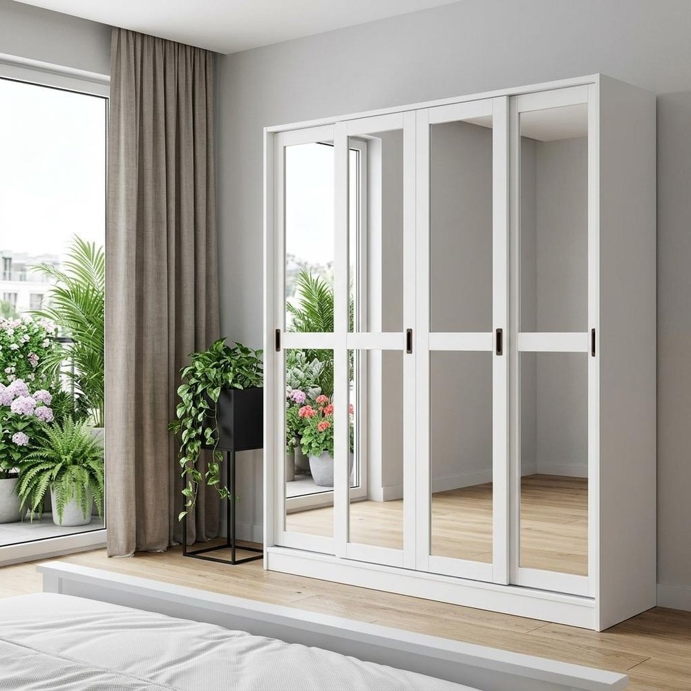 72" White Solid Wood Mirrored Six Door Combo Dresser
