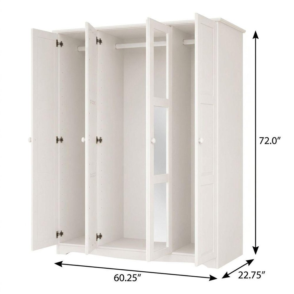 72" White Solid Wood Mirrored Four Door Combo Dresser