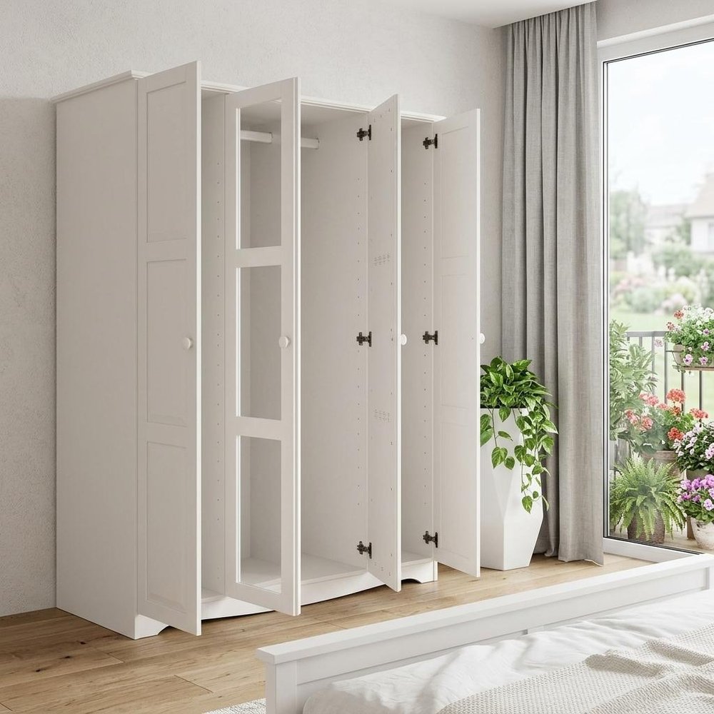 72" White Solid Wood Mirrored Four Door Combo Dresser