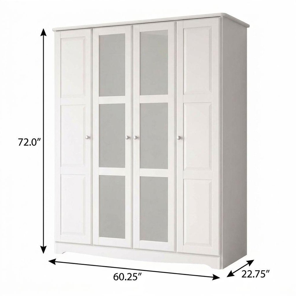 72" White Solid Wood Mirrored Four Door Combo Dresser