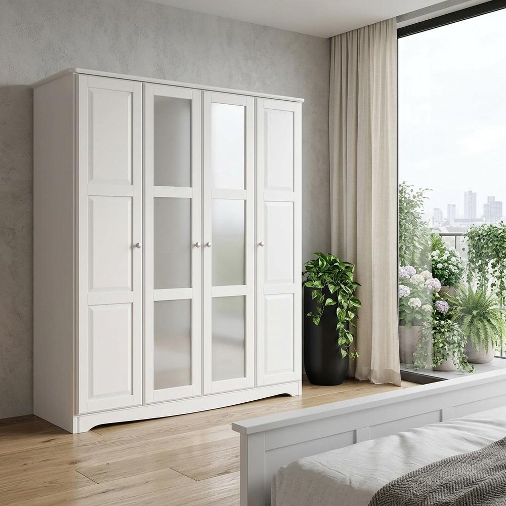 72" White Solid Wood Mirrored Four Door Combo Dresser