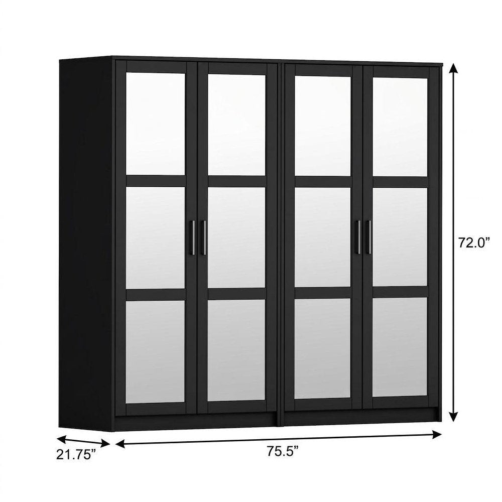 72" Black Solid Wood Mirrored Four Door Combo Dresser