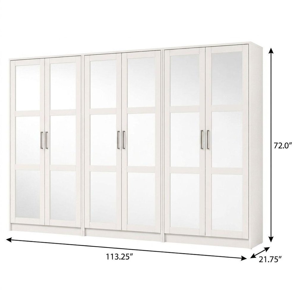 72" White Solid Wood Mirrored Six Door Combo Dresser