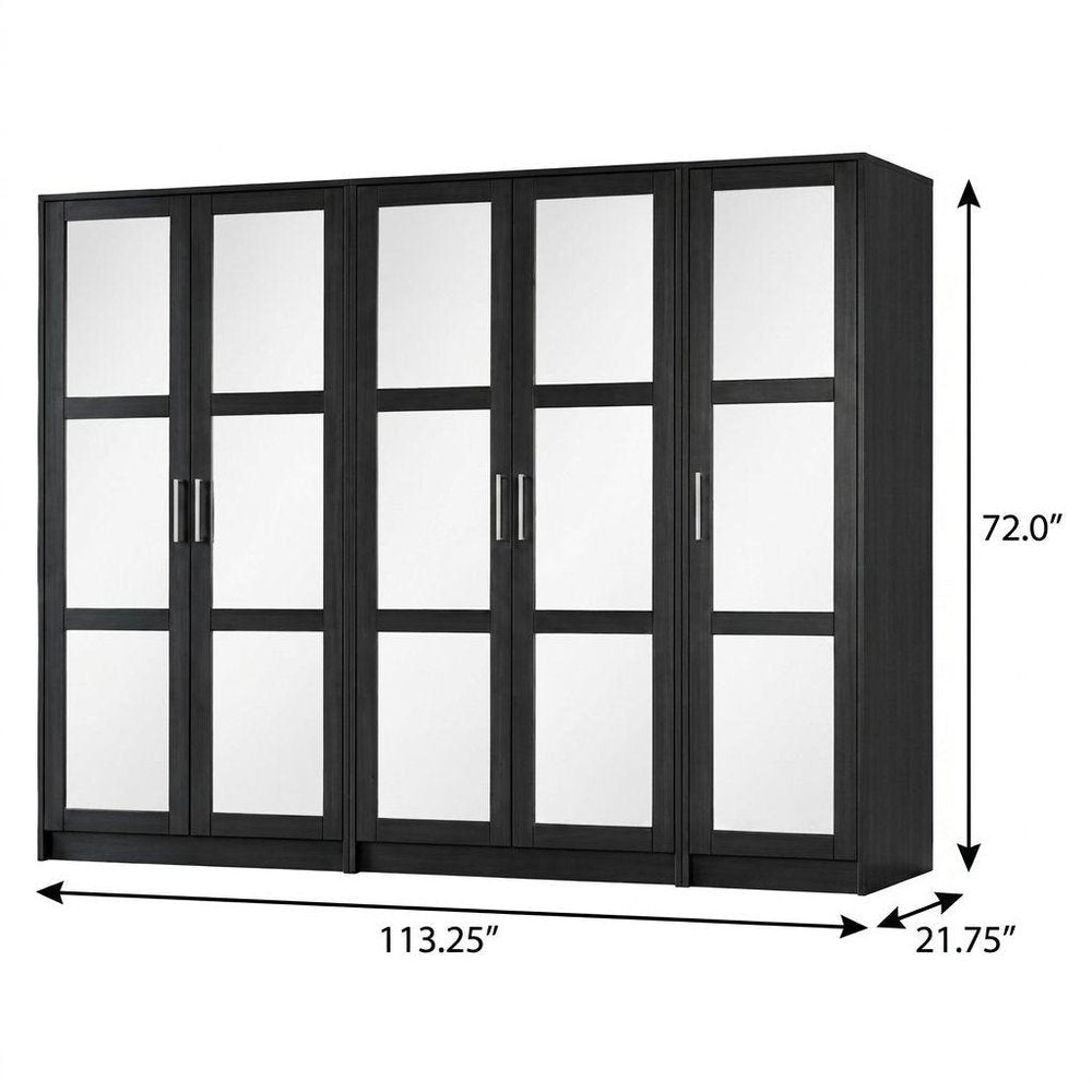 72" Black Solid Wood Mirrored Six Door Combo Dresser