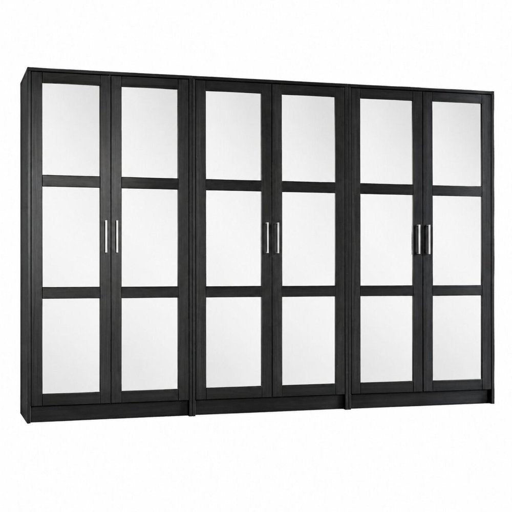72" Black Solid Wood Mirrored Six Door Combo Dresser