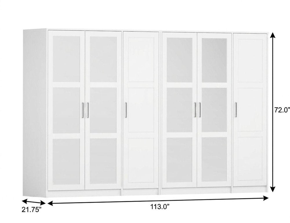 72" White Solid Wood Mirrored Six Door Combo Dresser